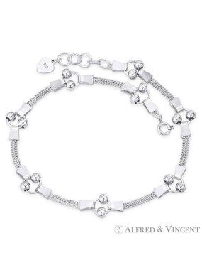Double-Row Curb & Rings Link Ball Bead .925 Sterling Silver Chain Anklet - 10"